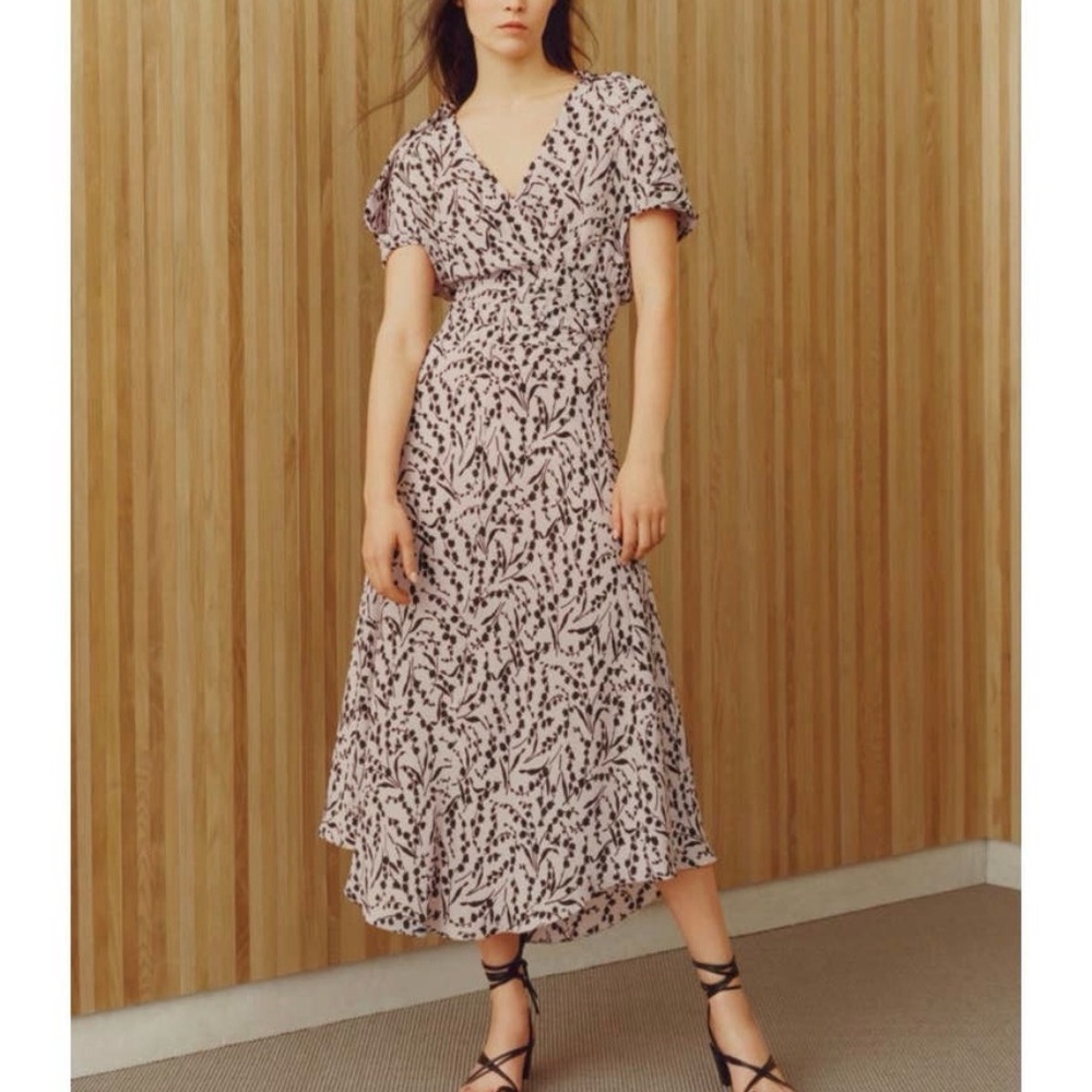 ✨Maje✨Rivara 100% Silk Floral Midi Dress sz Large Surplice Ruffle - Picture 3 of 15
